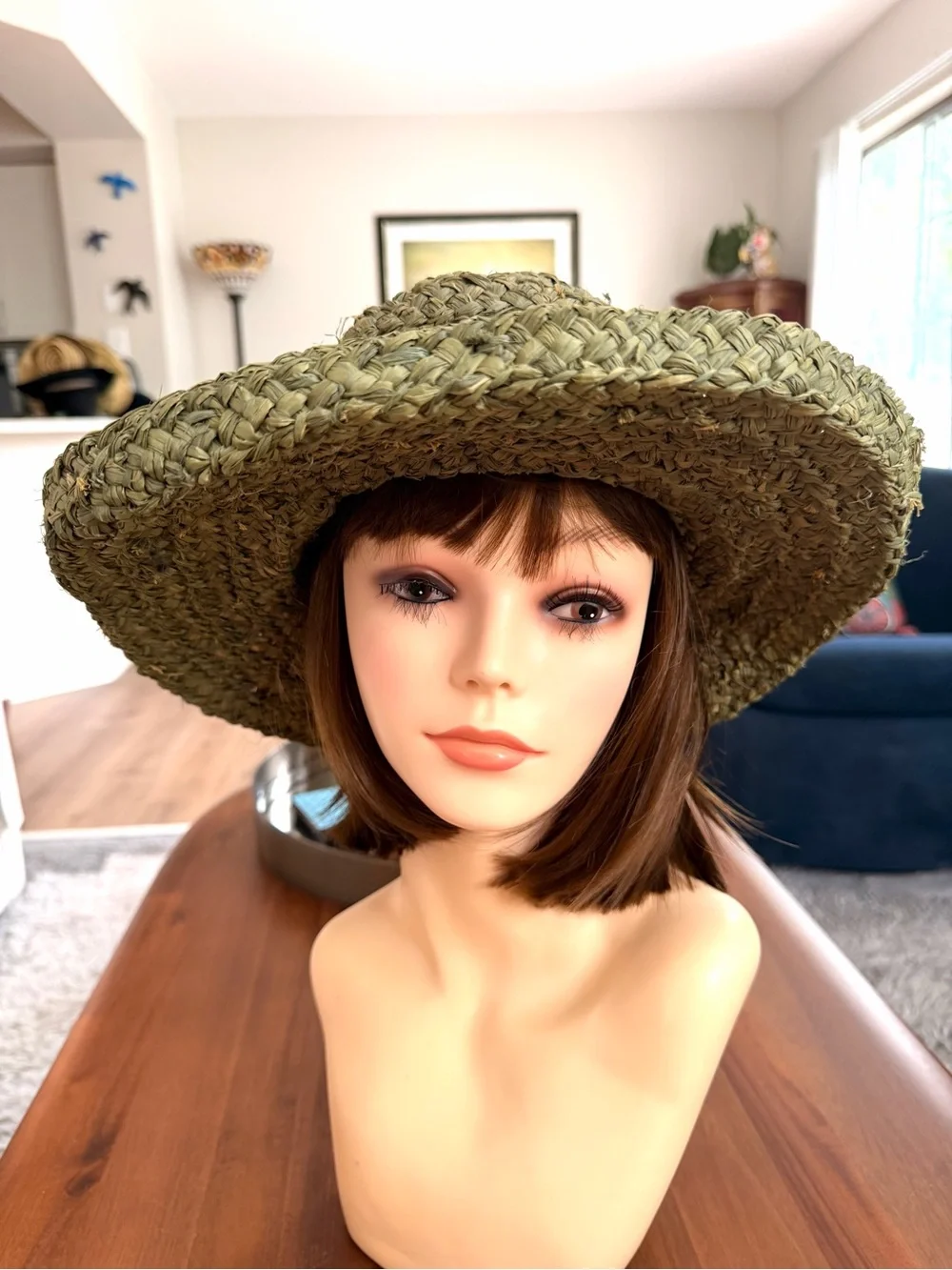 Olive Green Thick Woven Straw Wide Brim Boho Hat